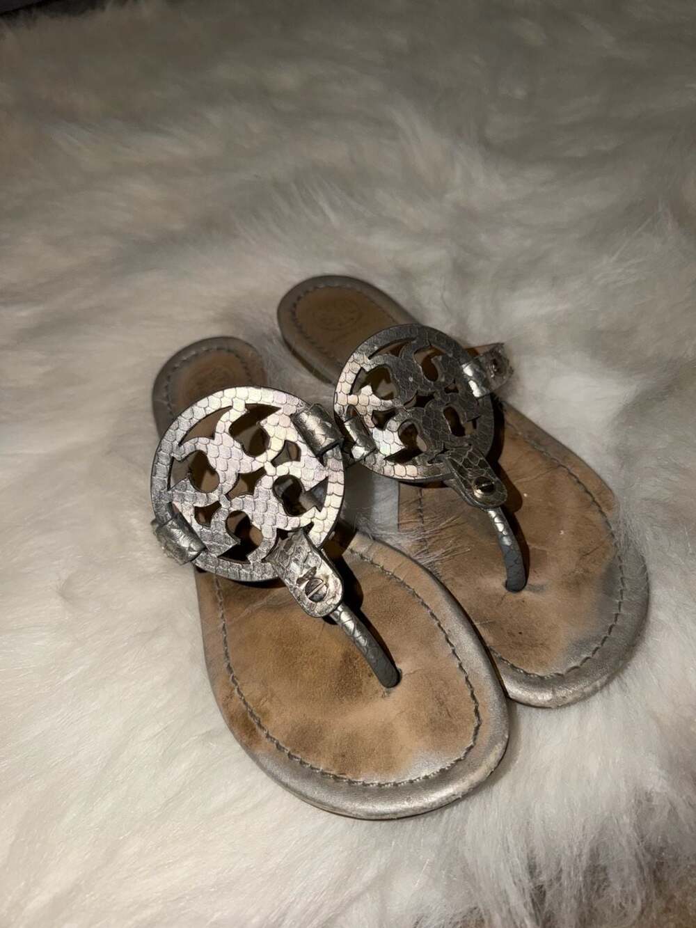 Tory Burch Miller Metallic Snakeskin Logo Thong Sandals